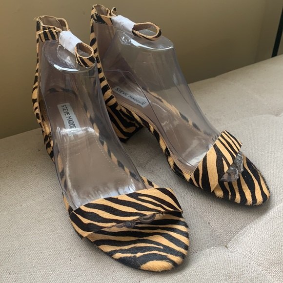 Steve Madden Irenee Sandals Tan Animal Print Cow Hair Low-Block Heel Size 9 Wide - Picture 9 of 12